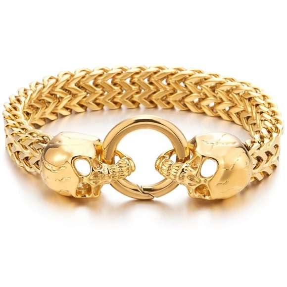 Mens 14mm Two Tone Gold Stainless Steel Cubic Zirconia Curb  Gold Skull Link Curb Stainless Steel Chain